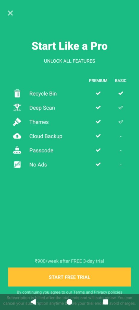 Screenshot of the Dumpster premium upgrade screen titled "Start Like a Pro" outlining differences between the premium and basic subscription features