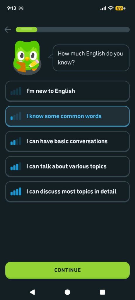 The initial setup onboarding screen of the Duolingo app where a green owl mascot asks the user how much English they know above a list of selectable proficiency level parameters.
