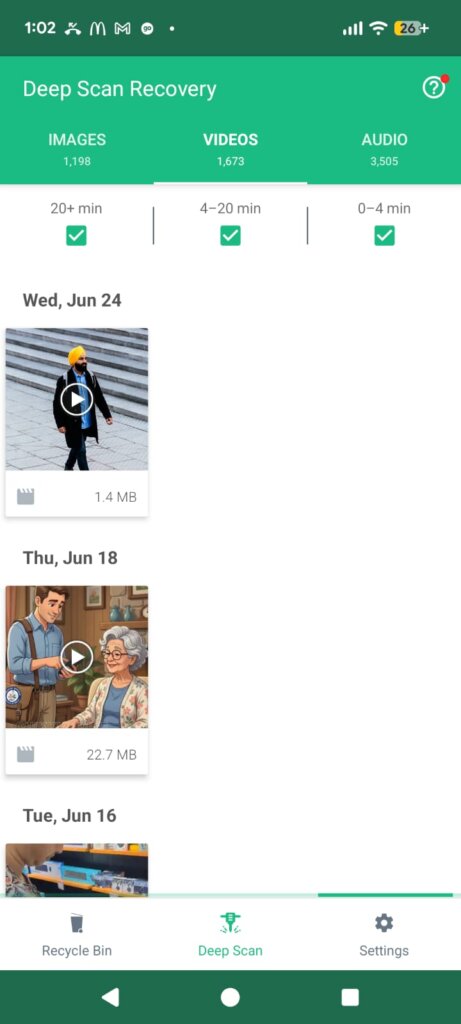 Screenshot of the Dumpster app's Deep Scan Recovery interface organizing found video clips chronologically by date with file sizes listed.