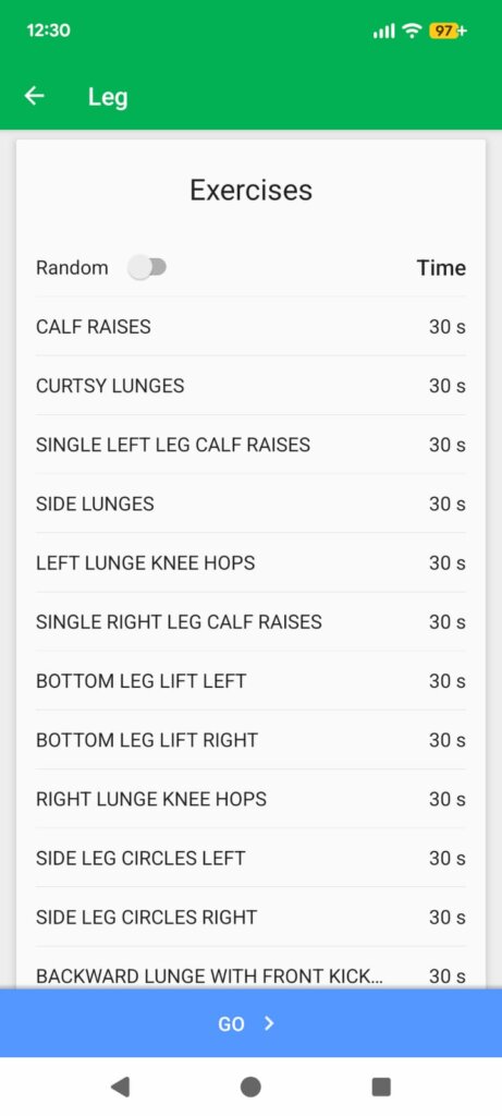 A list of lower body movements and timing intervals under the Leg exercises menu interface inside the 7 Minute Workout mobile application