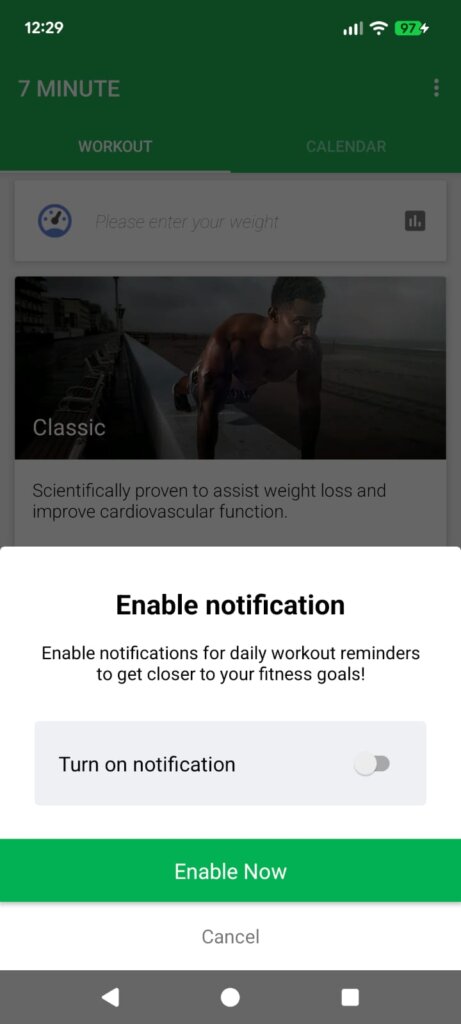 The 7 Minute Workout mobile app dashboard showing an Enable Notification pop-up window for daily workout reminders over a classic full-body workout selection page.