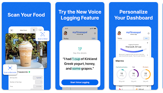 Three blue promotional screenshots for the MyFitnessPal app showcasing the "Scan Your Food" barcode feature, the "New Voice Logging Feature" with spoken food tracking, and a "Personalize Your Dashboard" screen displaying macro tracking circle
