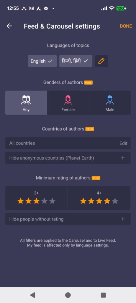 A smartphone screenshot of the Feed and Carousel settings menu in the Wakie mobile application. The screen displays various filter parameters including topic language selections for English and Hindi, along with premium "Plus" filtering options for the author's gender, geographic country location, and minimum star ratings.